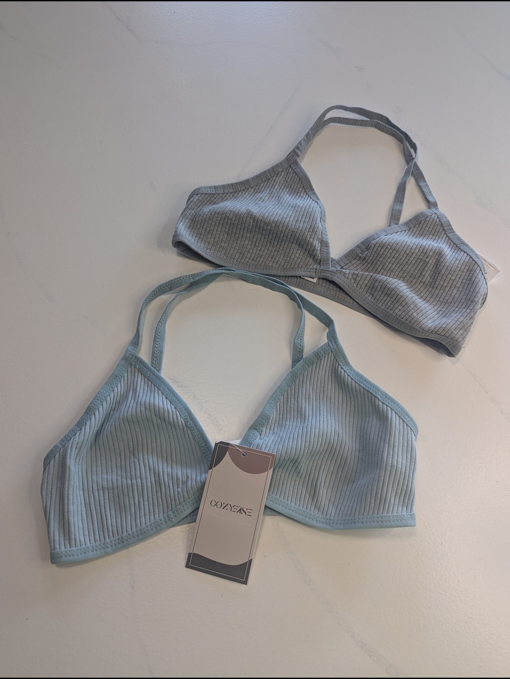 COZYEASE Ribbed Criss Cross Wireless Bralette Set Size S Small Gray Blue 2pc